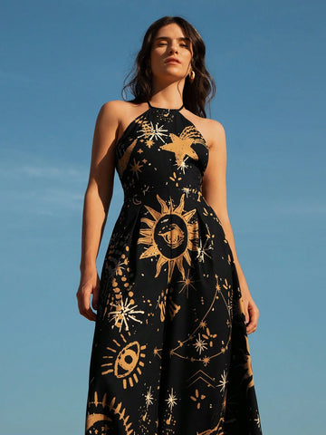 CAJUNI Women's Halter Strap Wide Leg Romper Vacation Casual Summer Boho Tropical Sun, Moon, Devil's Eye Print Black Romper