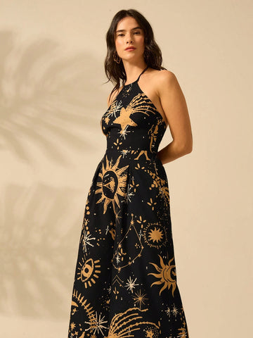 CAJUNI Women's Halter Strap Wide Leg Romper Vacation Casual Summer Boho Tropical Sun, Moon, Devil's Eye Print Black Romper