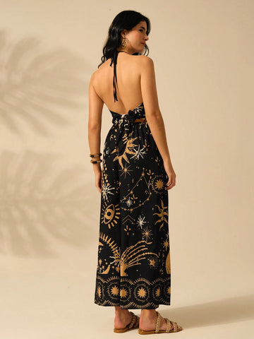 CAJUNI Women's Halter Strap Wide Leg Romper Vacation Casual Summer Boho Tropical Sun, Moon, Devil's Eye Print Black Romper