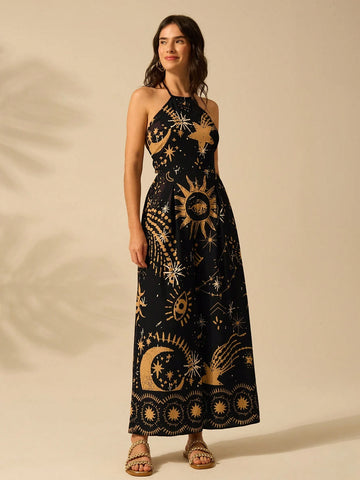 CAJUNI Women's Halter Strap Wide Leg Romper Vacation Casual Summer Boho Tropical Sun, Moon, Devil's Eye Print Black Romper