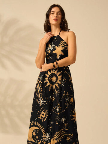 CAJUNI Women's Halter Strap Wide Leg Romper Vacation Casual Summer Boho Tropical Sun, Moon, Devil's Eye Print Black Romper