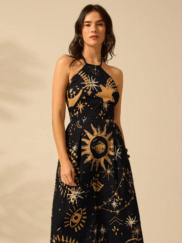 CAJUNI Women's Halter Strap Wide Leg Romper Vacation Casual Summer Boho Tropical Sun, Moon, Devil's Eye Print Black Romper