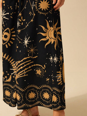 CAJUNI Women's Halter Strap Wide Leg Romper Vacation Casual Summer Boho Tropical Sun, Moon, Devil's Eye Print Black Romper