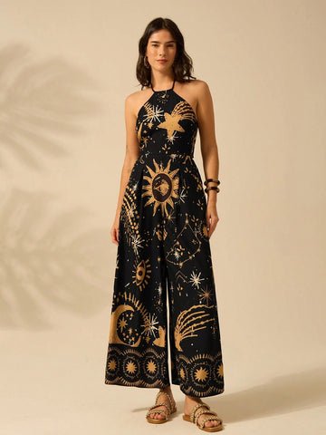 CAJUNI Women's Halter Strap Wide Leg Romper Vacation Casual Summer Boho Tropical Sun, Moon, Devil's Eye Print Black Romper