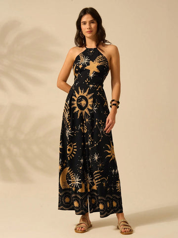 CAJUNI Women's Halter Strap Wide Leg Romper Vacation Casual Summer Boho Tropical Sun, Moon, Devil's Eye Print Black Romper