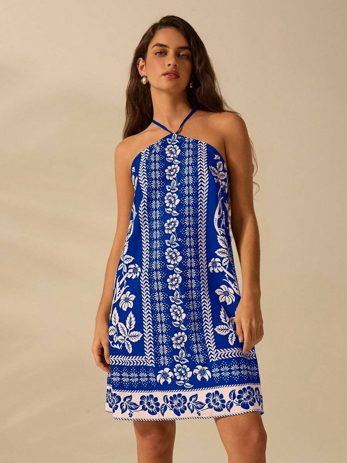 CAJUNI Women's Holiday Casual Summer Bohemian Tropical Plant Floral Print Thin Belt Back Cross Short Dress