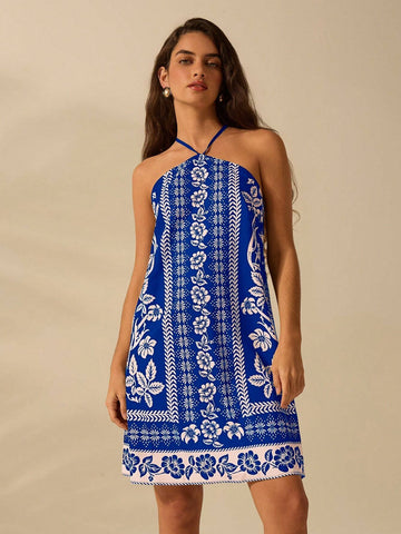 CAJUNI Women's Holiday Casual Summer Bohemian Tropical Plant Floral Print Thin Belt Back Cross Short Dress