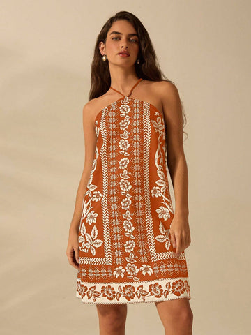Women's Holiday Casual Summer Bohemian Tropical Plant Floral Print Thin Belt Back Cross Short Dress