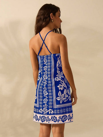 CAJUNI Women's Holiday Casual Summer Bohemian Tropical Plant Floral Print Thin Belt Back Cross Short Dress
