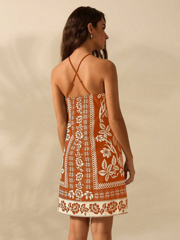 Women's Holiday Casual Summer Bohemian Tropical Plant Floral Print Thin Belt Back Cross Short Dress