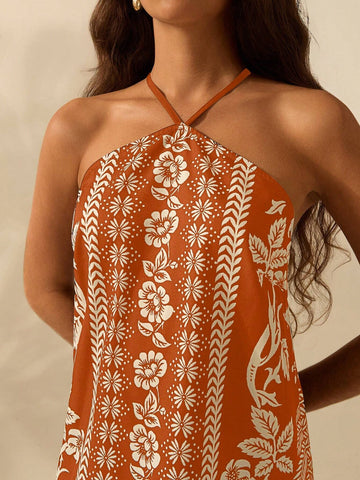 Women's Holiday Casual Summer Bohemian Tropical Plant Floral Print Thin Belt Back Cross Short Dress