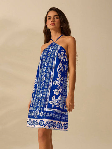 CAJUNI Women's Holiday Casual Summer Bohemian Tropical Plant Floral Print Thin Belt Back Cross Short Dress