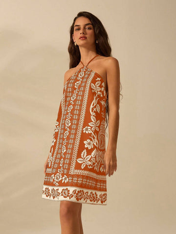 Women's Holiday Casual Summer Bohemian Tropical Plant Floral Print Thin Belt Back Cross Short Dress