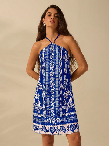 CAJUNI Women's Holiday Casual Summer Bohemian Tropical Plant Floral Print Thin Belt Back Cross Short Dress