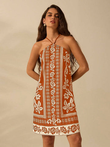 Women's Holiday Casual Summer Bohemian Tropical Plant Floral Print Thin Belt Back Cross Short Dress