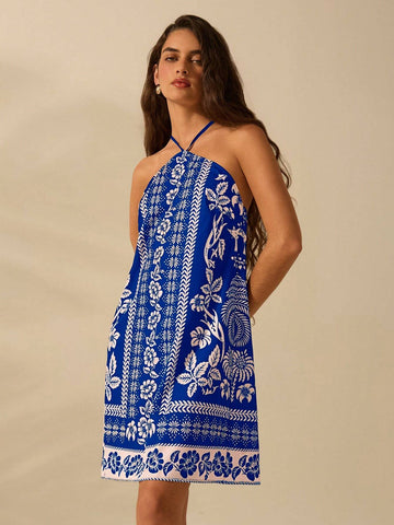 CAJUNI Women's Holiday Casual Summer Bohemian Tropical Plant Floral Print Thin Belt Back Cross Short Dress