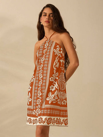 Women's Holiday Casual Summer Bohemian Tropical Plant Floral Print Thin Belt Back Cross Short Dress
