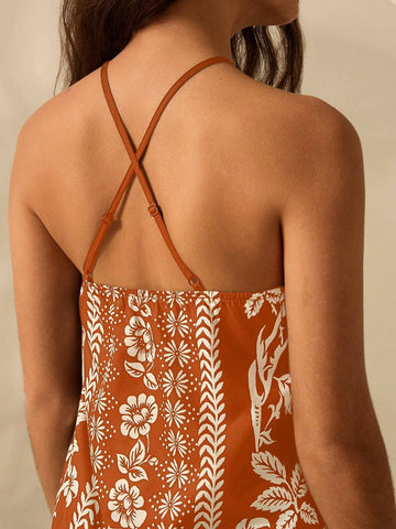 Women's Holiday Casual Summer Bohemian Tropical Plant Floral Print Thin Belt Back Cross Short Dress