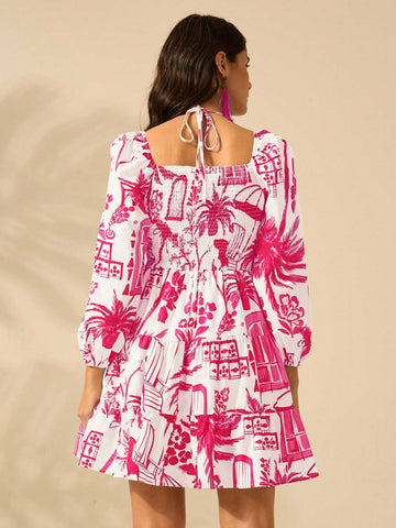 Holiday Casual Summer Boho Tropical Plants Blue Print Bishop Sleeve Cut Out Beige Summer