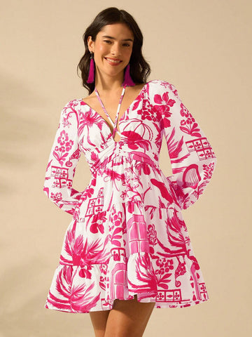 Holiday Casual Summer Boho Tropical Plants Blue Print Bishop Sleeve Cut Out Beige Summer