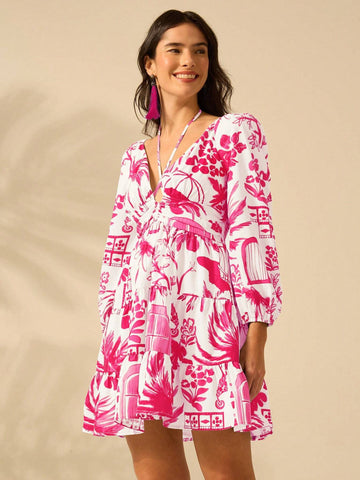 Holiday Casual Summer Boho Tropical Plants Blue Print Bishop Sleeve Cut Out Beige Summer