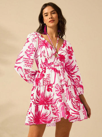 Holiday Casual Summer Boho Tropical Plants Blue Print Bishop Sleeve Cut Out Beige Summer