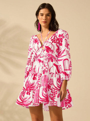 Holiday Casual Summer Boho Tropical Plants Blue Print Bishop Sleeve Cut Out Beige Summer