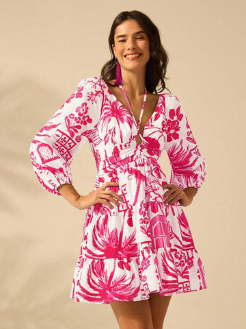 Holiday Casual Summer Boho Tropical Plants Blue Print Bishop Sleeve Cut Out Beige Summer