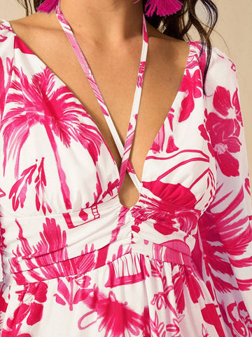 Holiday Casual Summer Boho Tropical Plants Blue Print Bishop Sleeve Cut Out Beige Summer