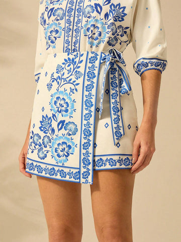 CAJUNI Women's Holiday Casual Summer Boho Tropical Plants, Rhododendron The Blue Prints Beige Wrap Skirt