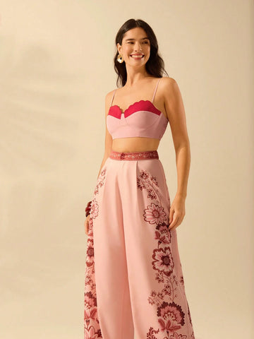 CAJUNI Women's Oversized Loose Boho Tropical Plant Print Wide Leg Pants, Vacation Casual Beach Summer Trousers