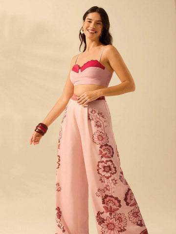 CAJUNI Women's Oversized Loose Boho Tropical Plant Print Wide Leg Pants, Vacation Casual Beach Summer Trousers