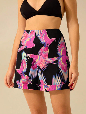 CAJUNI Women's Summer Boho Tropical Color Parrot Print Casual Black Shorts, Perfect For Beach And Holiday