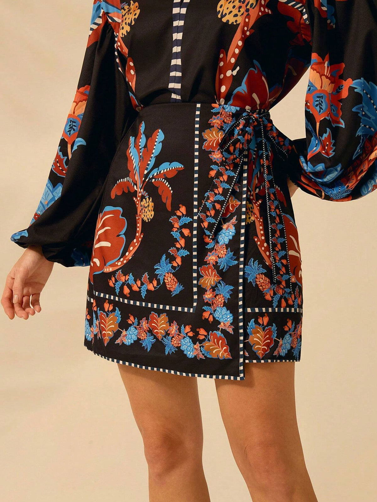 CAJUNI Women's Tropical Boho Coconut Tree, Pineapple, Azalea Print, Wrap Lace Up Black Skirt, Holiday Casual Beach Summer Mini Skirt