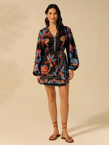 CAJUNI Women's Tropical Boho Coconut Tree, Pineapple, Azalea Print, Wrap Lace Up Black Skirt, Holiday Casual Beach Summer Mini Skirt