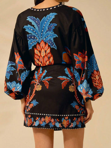 CAJUNI Women's Tropical Boho Coconut Tree, Pineapple, Azalea Print, Wrap Lace Up Black Skirt, Holiday Casual Beach Summer Mini Skirt