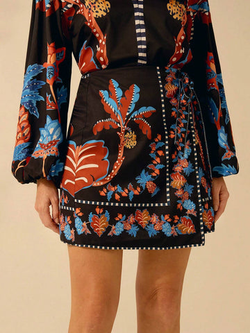 CAJUNI Women's Tropical Boho Coconut Tree, Pineapple, Azalea Print, Wrap Lace Up Black Skirt, Holiday Casual Beach Summer Mini Skirt