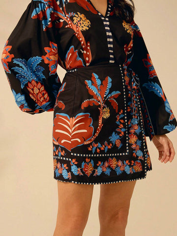 CAJUNI Women's Tropical Boho Coconut Tree, Pineapple, Azalea Print, Wrap Lace Up Black Skirt, Holiday Casual Beach Summer Mini Skirt