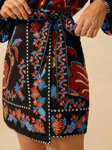 CAJUNI Women's Tropical Boho Coconut Tree, Pineapple, Azalea Print, Wrap Lace Up Black Skirt, Holiday Casual Beach Summer Mini Skirt