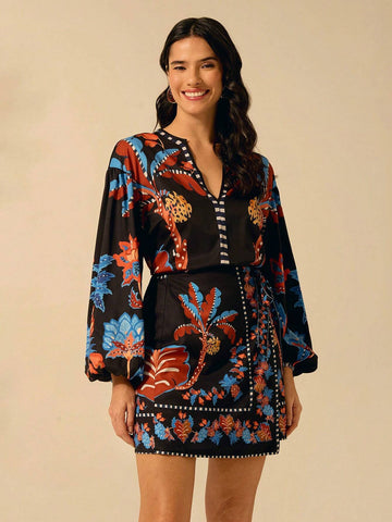 CAJUNI Women's Tropical Boho Coconut Tree, Pineapple, Azalea Print, Wrap Lace Up Black Skirt, Holiday Casual Beach Summer Mini Skirt