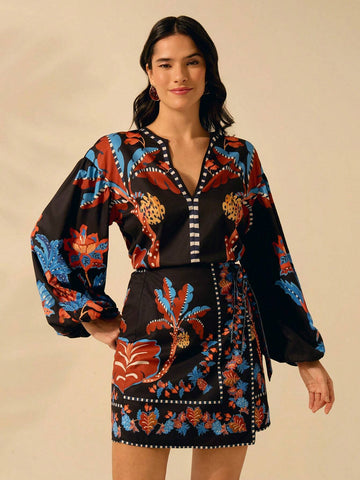 CAJUNI Women's Tropical Boho Coconut Tree, Pineapple, Azalea Print, Wrap Lace Up Black Skirt, Holiday Casual Beach Summer Mini Skirt