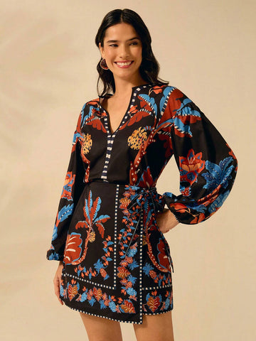 CAJUNI Women's Tropical Boho Coconut Tree, Pineapple, Azalea Print, Wrap Lace Up Black Skirt, Holiday Casual Beach Summer Mini Skirt