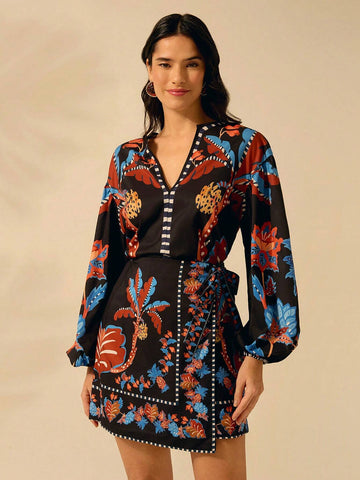 CAJUNI Women's Tropical Boho Coconut Tree, Pineapple, Azalea Print, Wrap Lace Up Black Skirt, Holiday Casual Beach Summer Mini Skirt