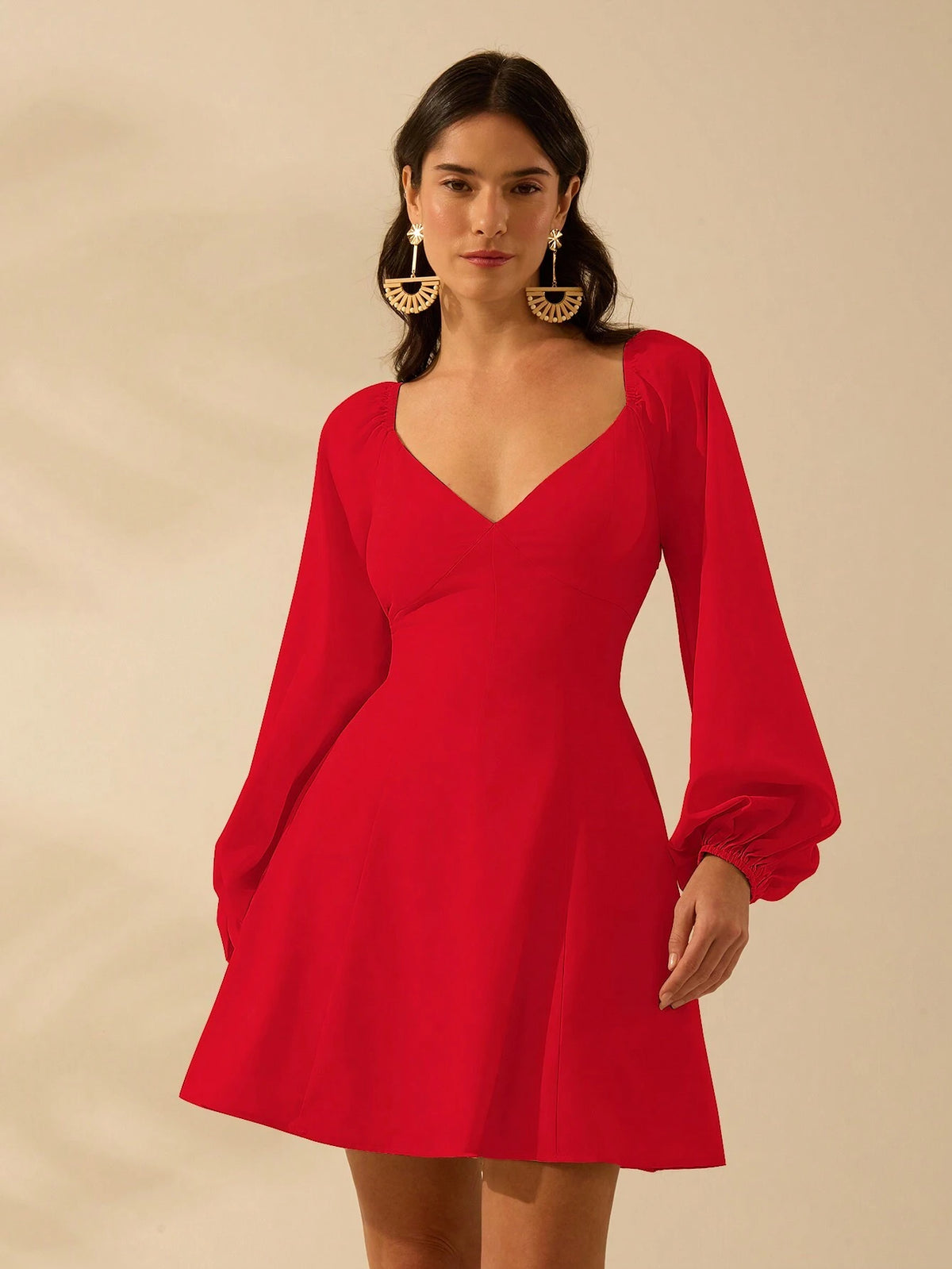 CAJUNI Women's V-Neck Cream-Coloured Lantern Sleeves Short Dress, Holiday Casual Beach Summer Dress