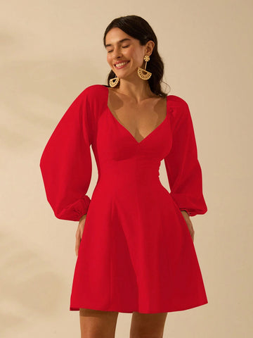 CAJUNI Women's V-Neck Cream-Coloured Lantern Sleeves Short Dress, Holiday Casual Beach Summer Dress