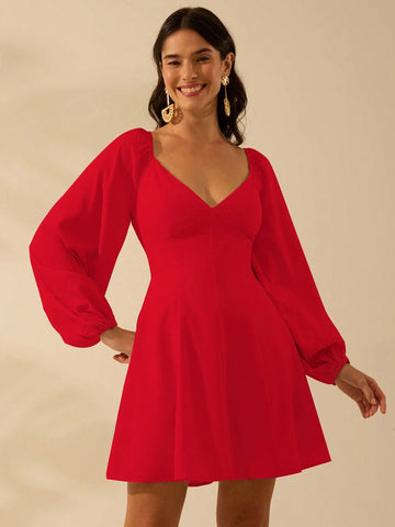 CAJUNI Women's V-Neck Cream-Coloured Lantern Sleeves Short Dress, Holiday Casual Beach Summer Dress