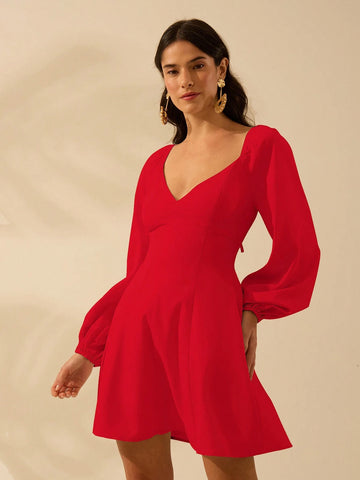 CAJUNI Women's V-Neck Cream-Coloured Lantern Sleeves Short Dress, Holiday Casual Beach Summer Dress