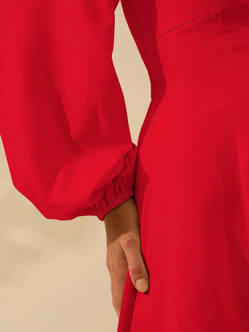 CAJUNI Women's V-Neck Cream-Coloured Lantern Sleeves Short Dress, Holiday Casual Beach Summer Dress