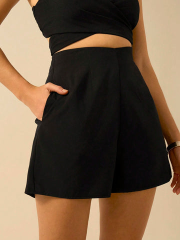 CAJUNI Women's V-Shaped Black Mini Shorts, Vacation Casual Summer Shorts