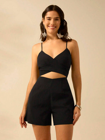 CAJUNI Women's V-Shaped Black Mini Shorts, Vacation Casual Summer Shorts